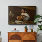 The Lute Player (Hermitage Version), c. 1596 by Caravaggio in a black floater framed canvas featuring a young musician playing lute beside table with fruit and sheet music, displayed above a wood console cabinet.