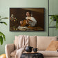 Black floater framed canvas featuring a Baroque depiction of musician with detailed textures and lighting, displayed above a sofa in a modern living room.