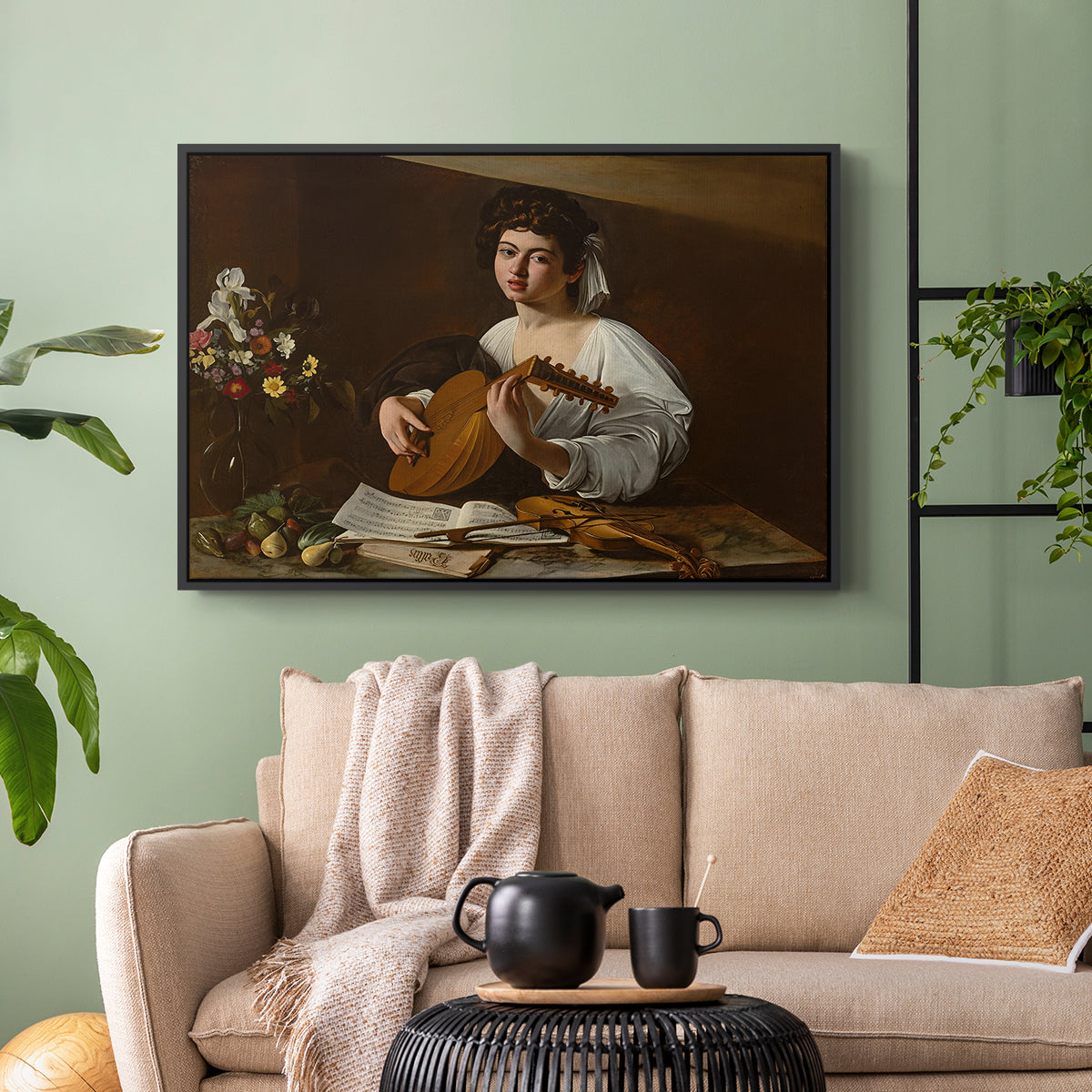 Black floater framed canvas featuring a Baroque depiction of musician with detailed textures and lighting, displayed above a sofa in a modern living room.