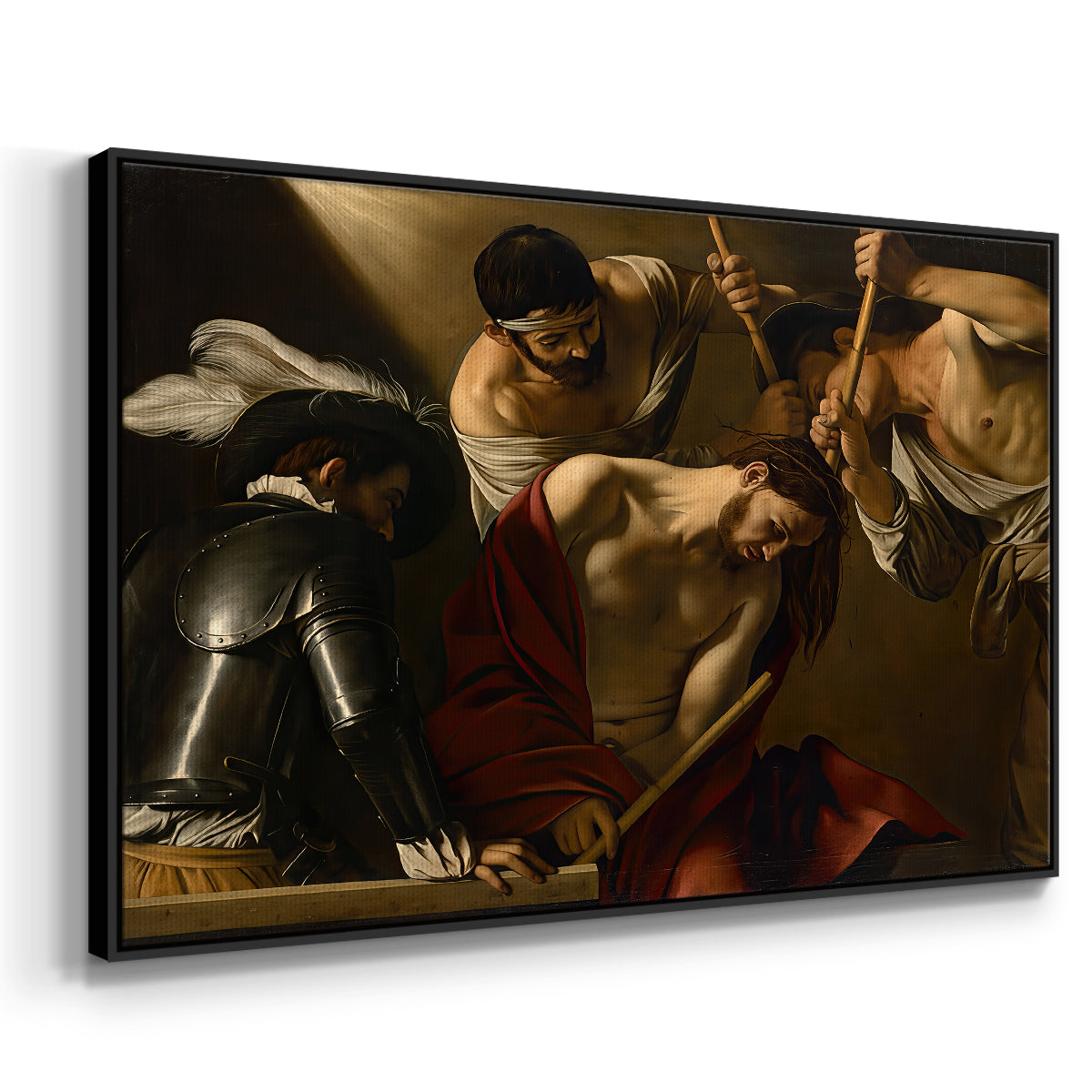 Angled view of The Crowning with Thorns (Vienna Version), c. 1602-1604 by Caravaggio in a black floater framed canvas.