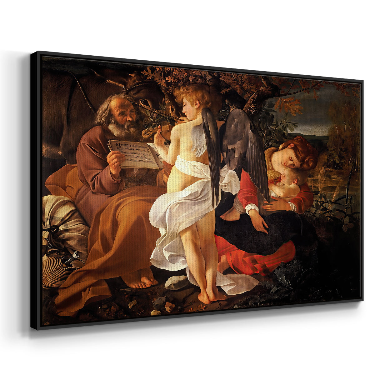 Angled view of Rest on the Flight into Egypt, c. 1597 by Caravaggio in a black floater framed canvas.