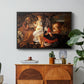 Rest on the Flight into Egypt, c. 1597 by Caravaggio in a black floater framed canvas featuring the Holy Family resting in landscape with angel playing violin, displayed above a wood console cabinet.