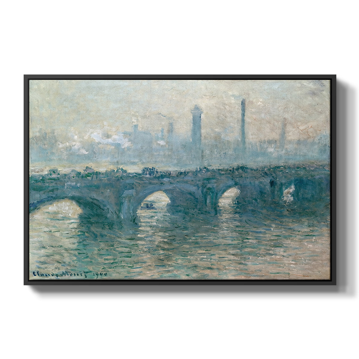 Waterloo Bridge, Gray Weather, 1900 by Claude Monet in a black floater framed canvas wall art display.