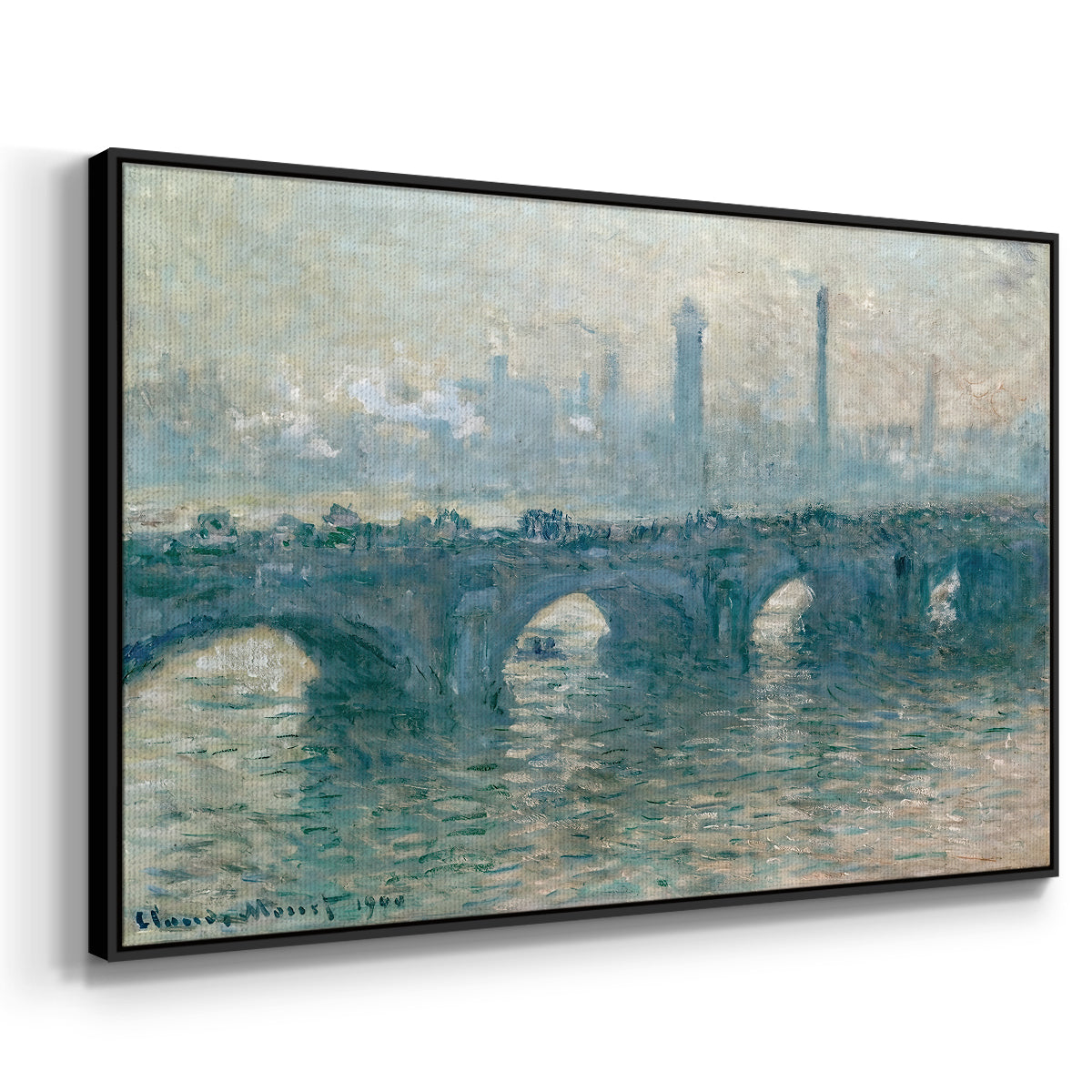 Angled view of Waterloo Bridge, Gray Weather, 1900 by Claude Monet in a black floater framed canvas.