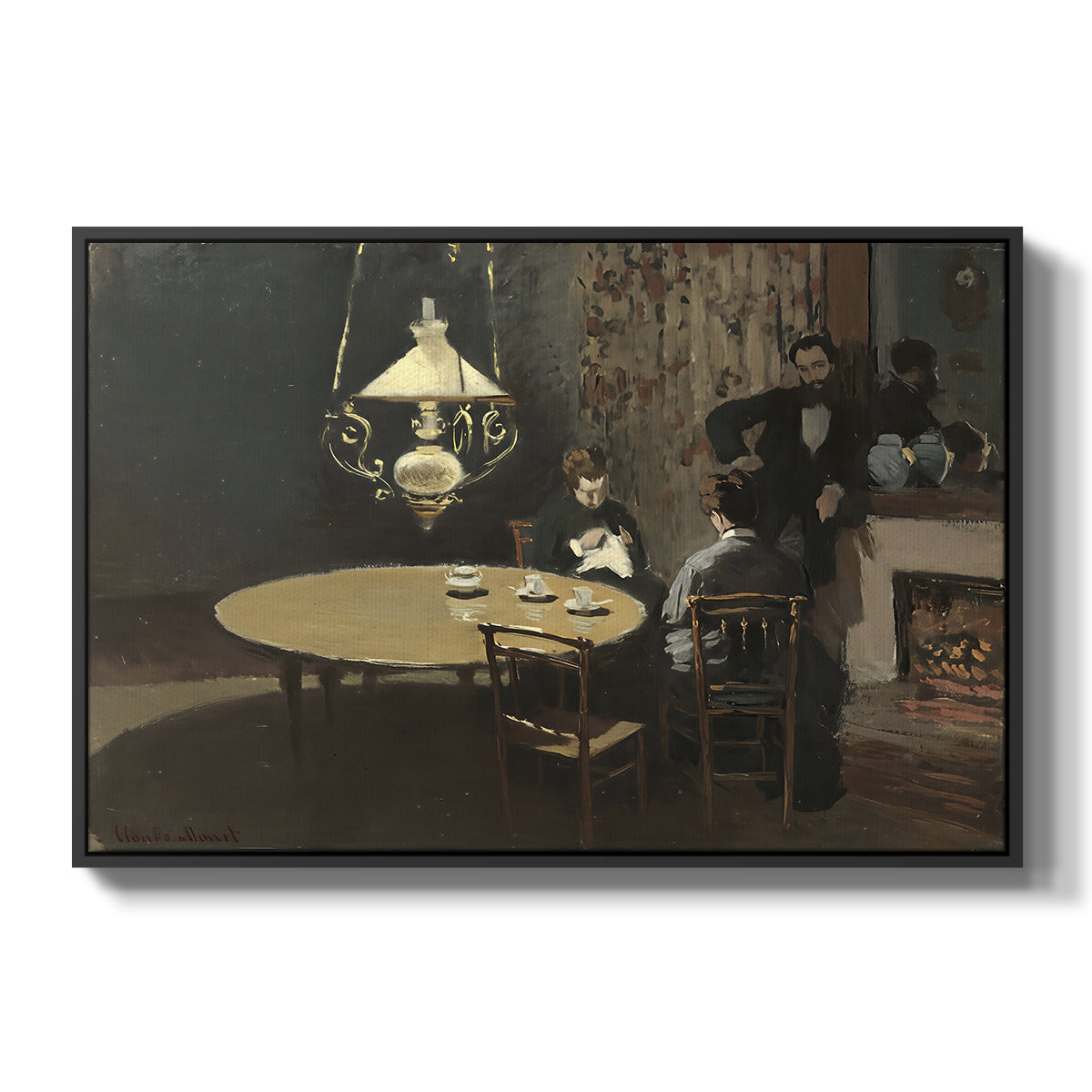 Interior, after Dinner, 1868-1869 by Claude Monet in a black floater framed canvas wall art display.