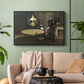 Black floater framed canvas featuring an intimate indoor scene with figure and table in low lighting, displayed above a sofa in a modern living room.