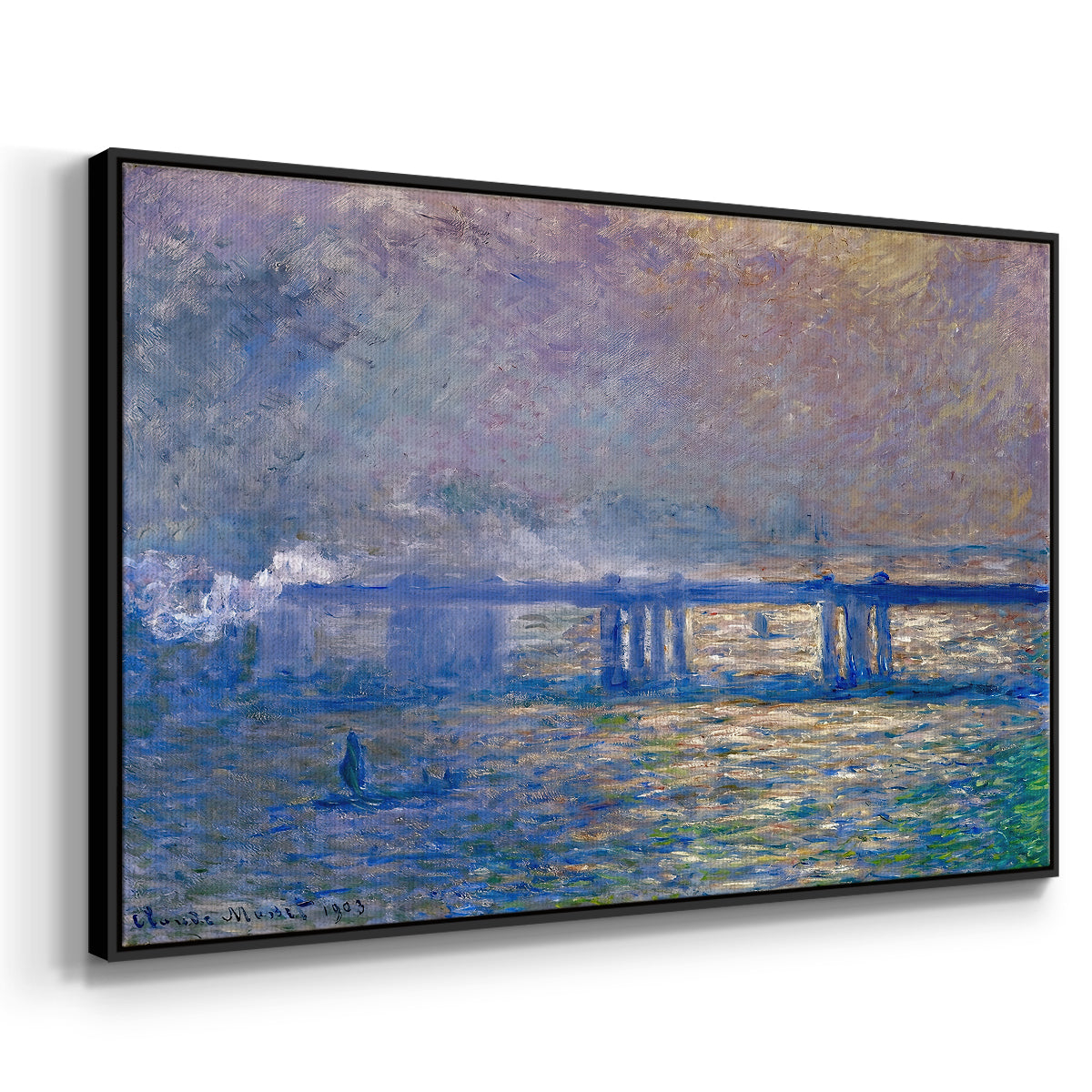 Angled view of Charing Cross Bridge, 1903 by Claude Monet in a black floater framed canvas.