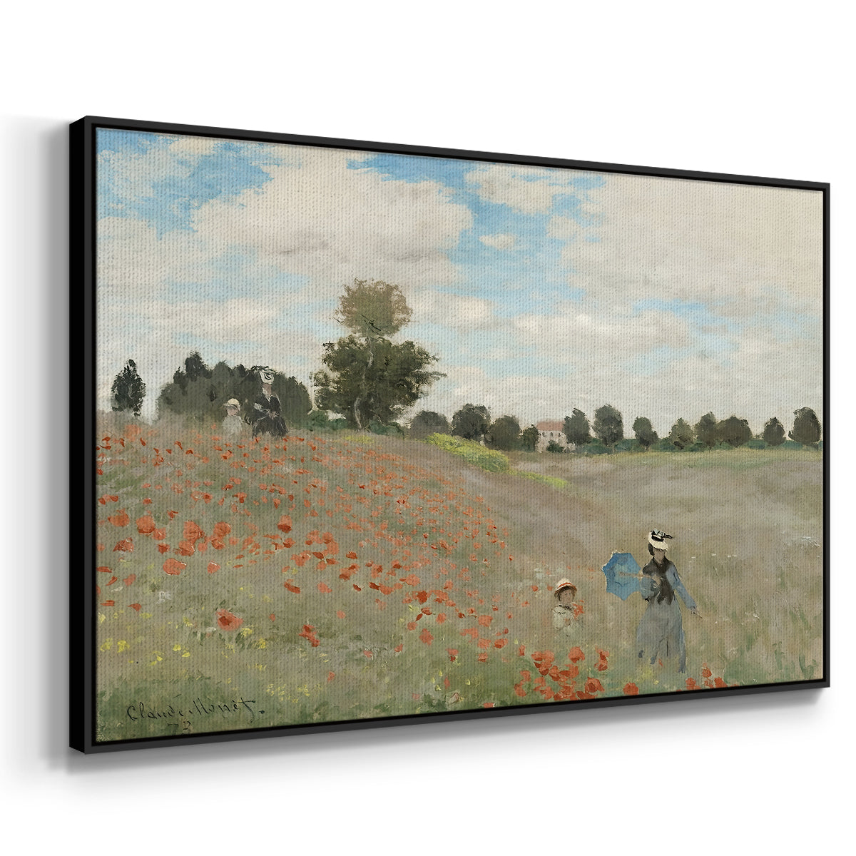 Angled view of The Poppy Field near Argenteuil, 1873 by Claude Monet in a black floater framed canvas.