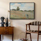 The Poppy Field near Argenteuil, 1873 by Claude Monet as a black floater framed canvas featuring a bright meadow filled with poppies under open sky, styled above a mid-century console in a contemporary living area.