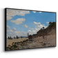 Angled view of The Beach at Honfleur, 1864 by Claude Monet in a black floater framed canvas.