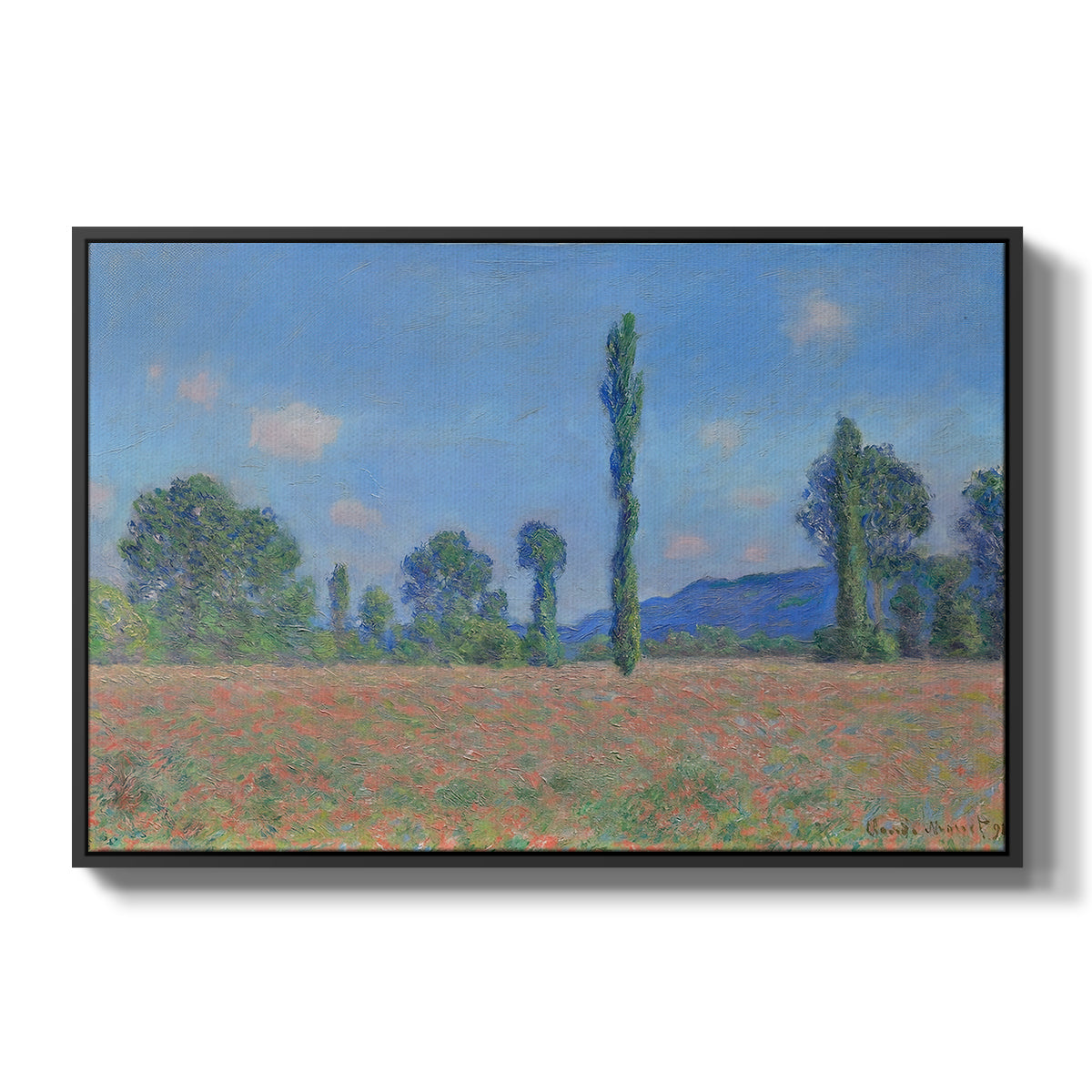 Poppy Field (Giverny), 1890-1891 by Claude Monet in a black floater framed canvas wall art display.