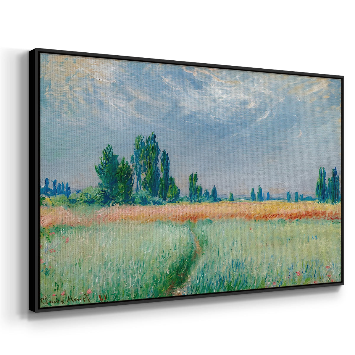 Angled view of The Wheat Field (Champ de Blé), 1881 by Claude Monet in a black floater framed canvas.