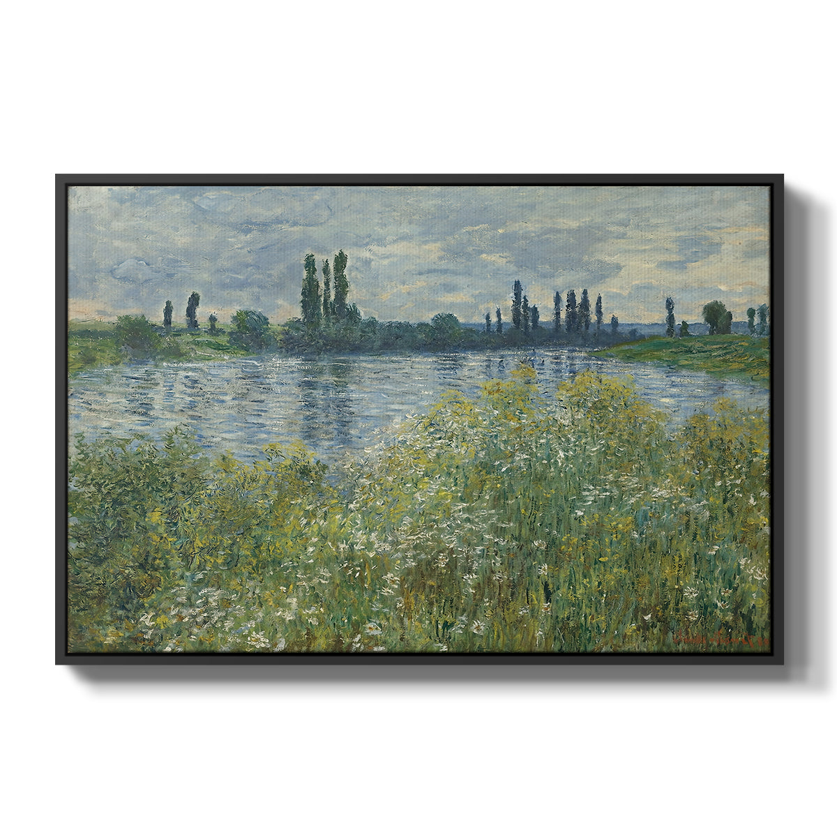 Banks of the Seine, Vétheuil, 1880 by Claude Monet in a black floater framed canvas wall art display.