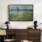 Banks of the Seine, Vétheuil, 1880 by Claude Monet displayed in a black floater framed canvas above a dark wood credenza in an entryway.