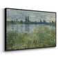 Angled view of Banks of the Seine, Vétheuil, 1880 by Claude Monet in a black floater framed canvas.