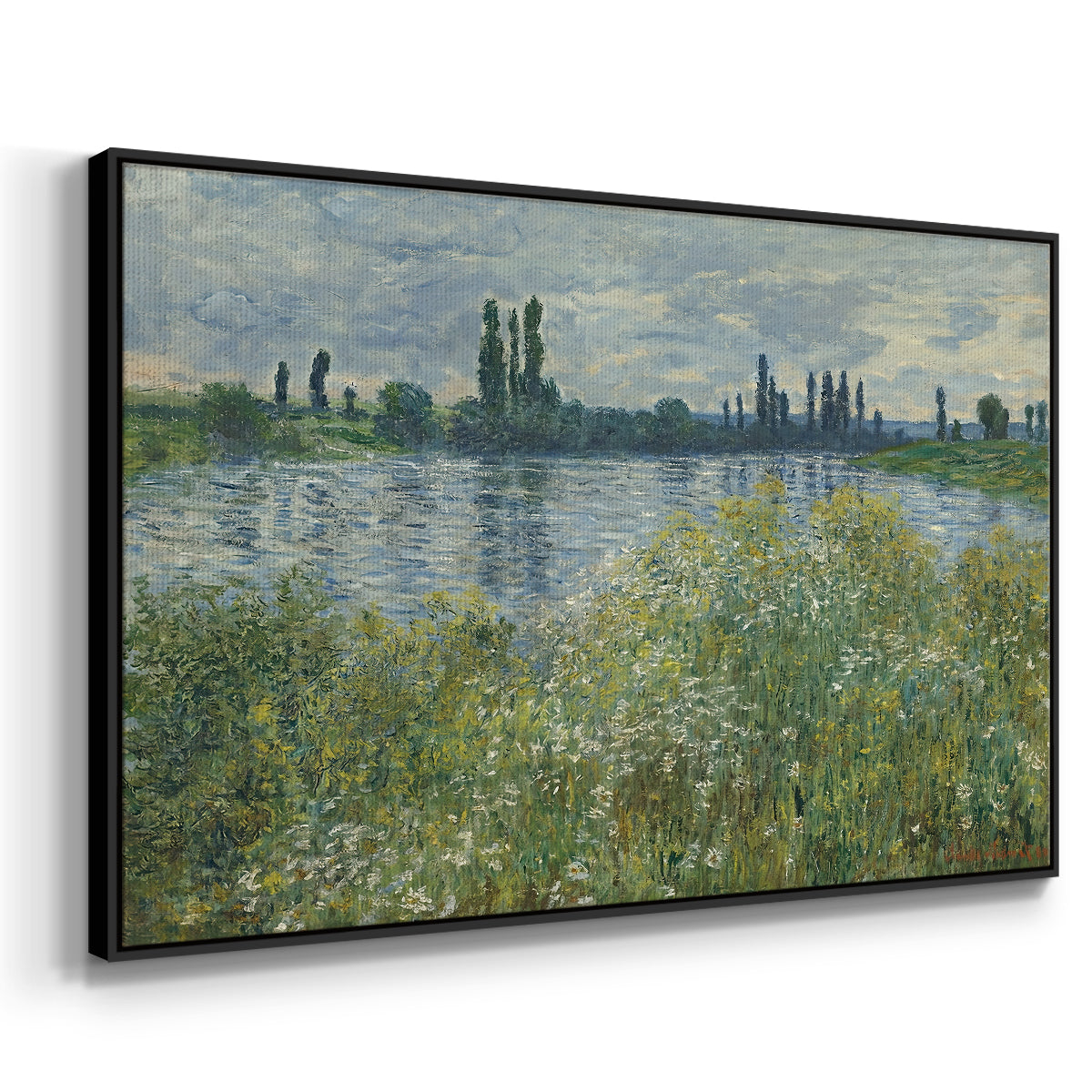 Angled view of Banks of the Seine, Vétheuil, 1880 by Claude Monet in a black floater framed canvas.