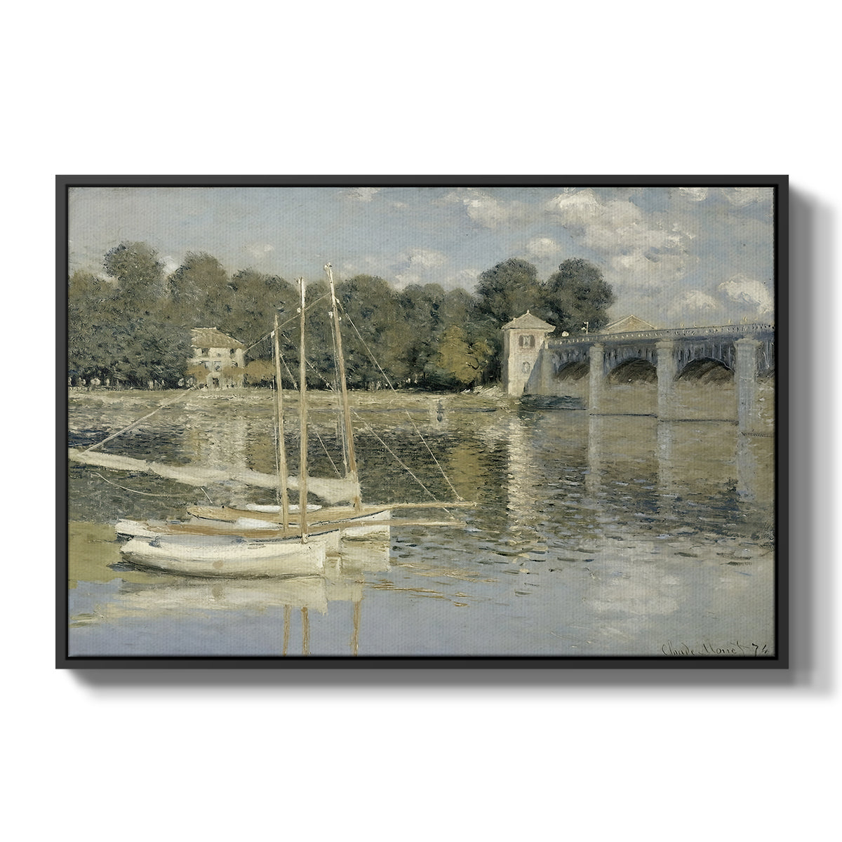 The Bridge at Argenteuil, 1874 by Claude Monet in a black floater framed canvas wall art display.