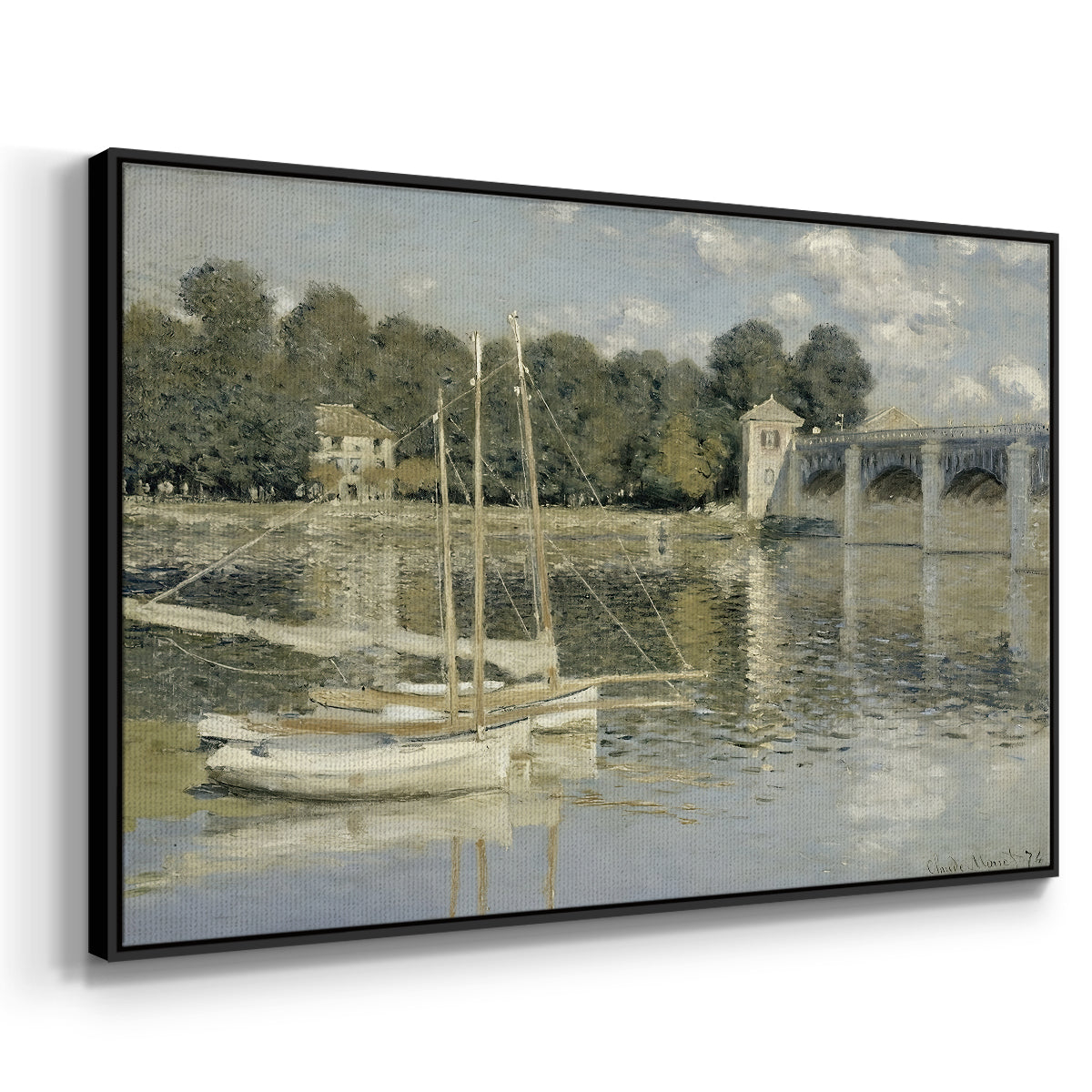 Angled view of The Bridge at Argenteuil, 1874 by Claude Monet in a black floater framed canvas.