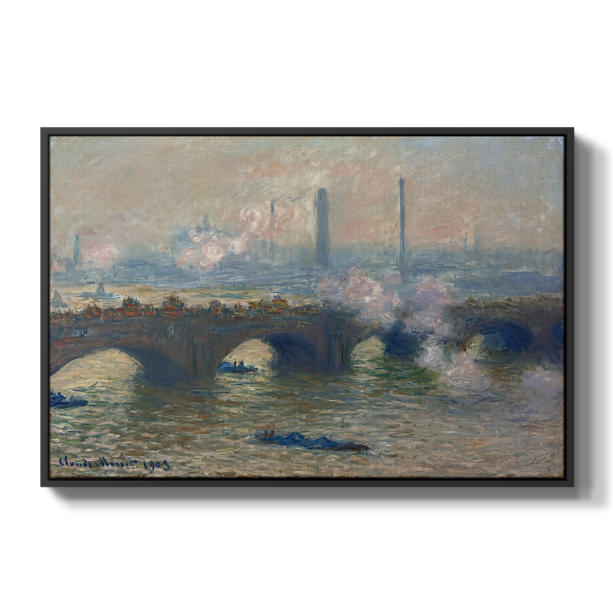 Waterloo Bridge, Gray Day, 1903 by Claude Monet in a black floater framed canvas wall art display.