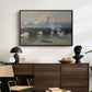Waterloo Bridge, Gray Day, 1903 by Claude Monet displayed in a black floater framed canvas above a dark wood credenza in an entryway.