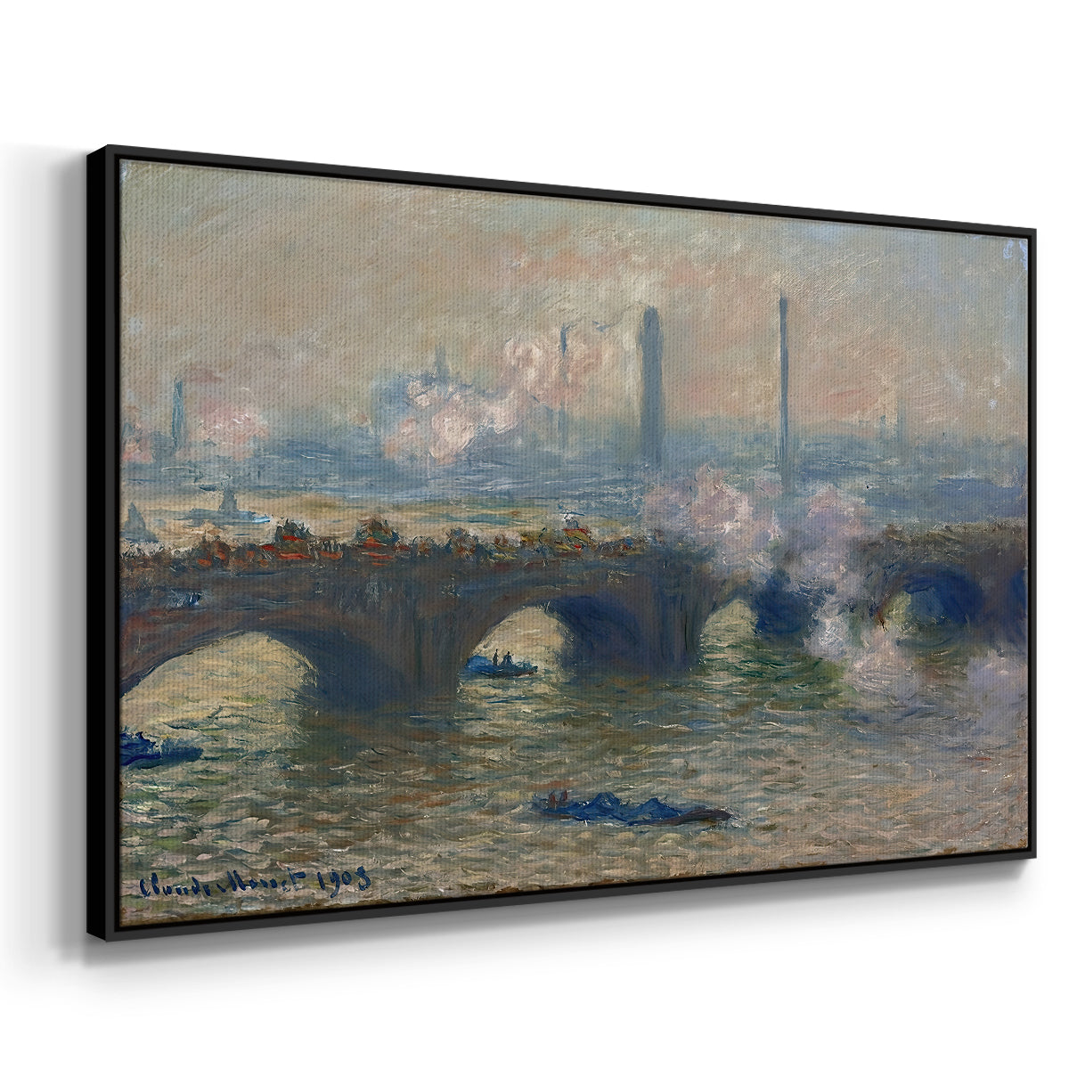 Angled view of Waterloo Bridge, Gray Day, 1903 by Claude Monet in a black floater framed canvas.