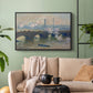 Black floater framed canvas featuring a foggy London bridge view with softened architectural forms, displayed above a sofa in a modern living room.