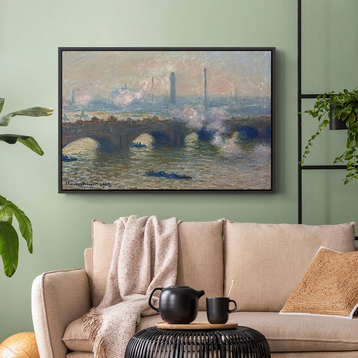 Black floater framed canvas featuring a foggy London bridge view with softened architectural forms, displayed above a sofa in a modern living room.