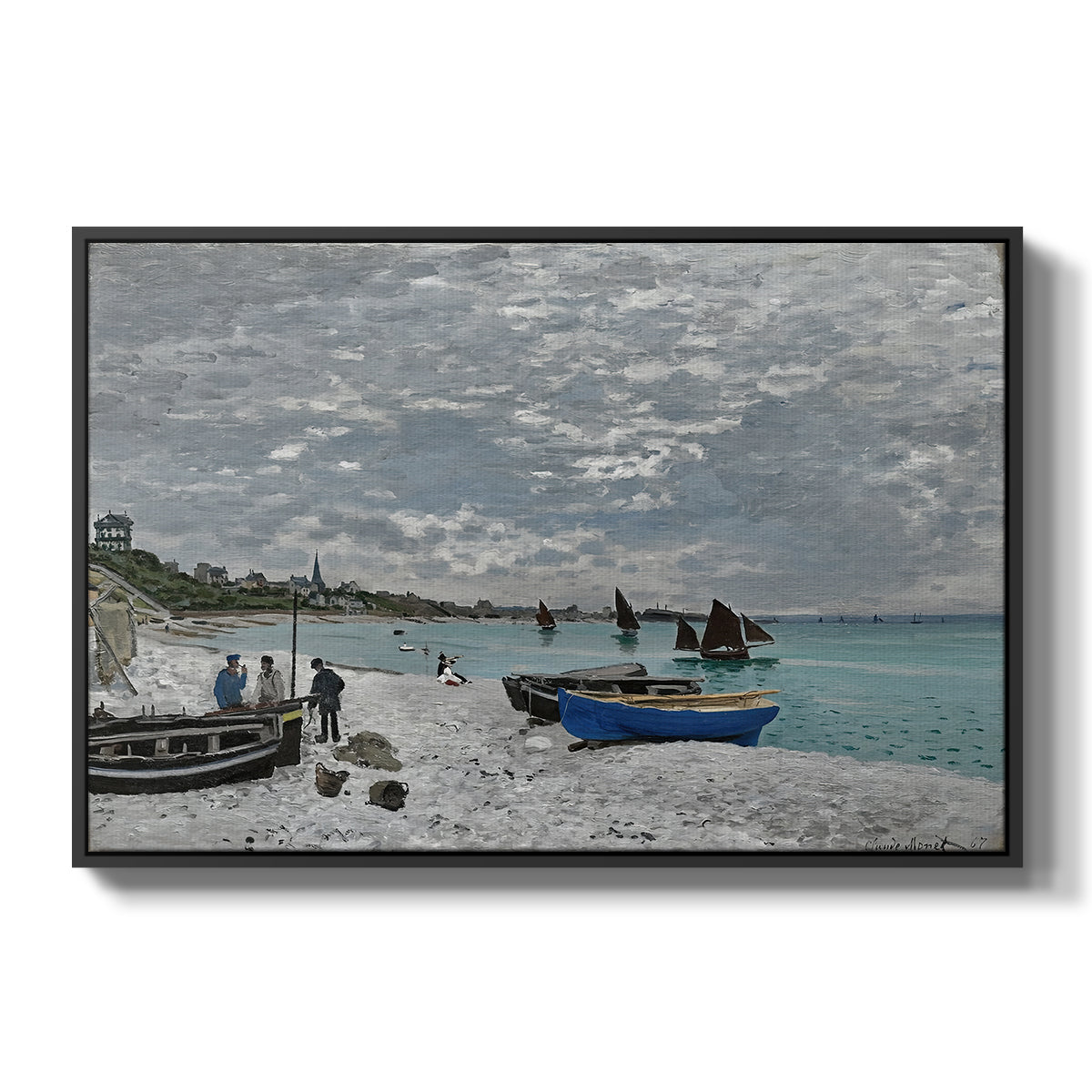 The Beach at Sainte-Adresse, 1867 by Claude Monet in a black floater framed canvas wall art display.