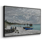 Angled view of The Beach at Sainte-Adresse, 1867 by Claude Monet in a black floater framed canvas.