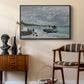 The Beach at Sainte-Adresse, 1867 by Claude Monet as a black floater framed canvas featuring a coastal landscape with sailboats and visitors on cliffside, styled above a mid-century console in a contemporary living area.