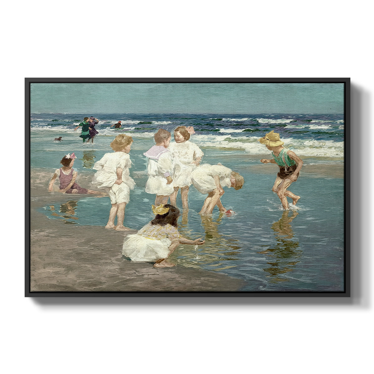 A Holiday, c. 1915 by Edward Henry Potthast in a black floater framed canvas wall art display.