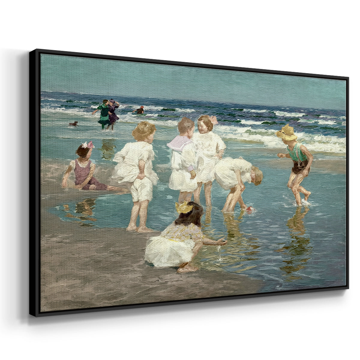 Angled view of A Holiday, c. 1915 by Edward Henry Potthast in a black floater framed canvas.