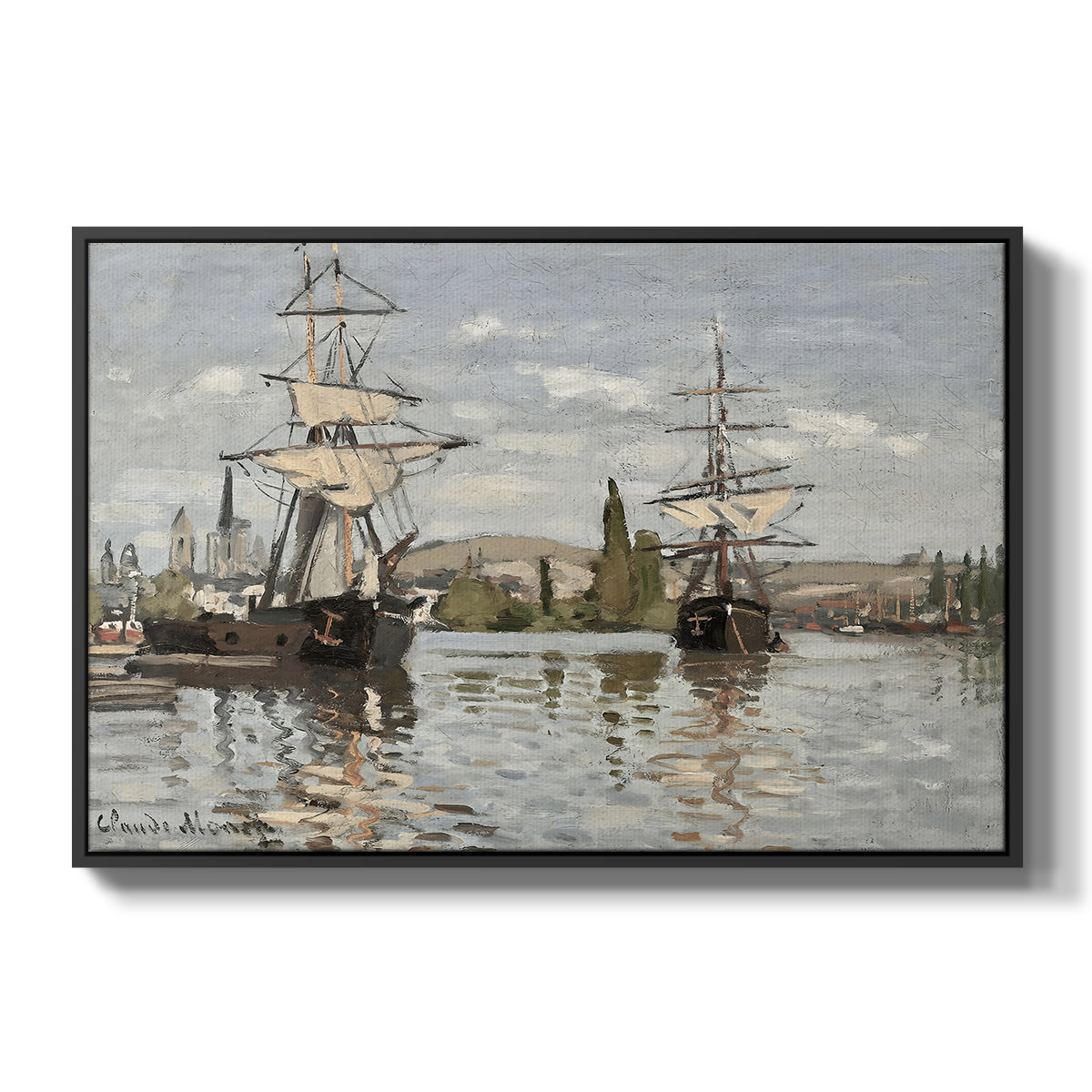 Ships Riding on the Seine at Rouen, 1872 by Claude Monet in a black floater framed canvas wall art display.