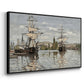 Angled view of Ships Riding on the Seine at Rouen, 1872 by Claude Monet in a black floater framed canvas.
