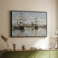 Black floater framed canvas of Ships Riding on the Seine at Rouen, 1872 by Claude Monet, featuring an impressionist river scene with anchored sailing ships and reflections above a sideboard in a softly lit hallway.