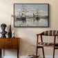 Ships Riding on the Seine at Rouen, 1872 by Claude Monet as a black floater framed canvas featuring a harbor view with tall ships lining the waterfront in muted tones, styled above a mid-century console in a contemporary living area.
