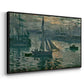 Angled view of Sunrise (Marine), 1873 by Claude Monet in a black floater framed canvas.