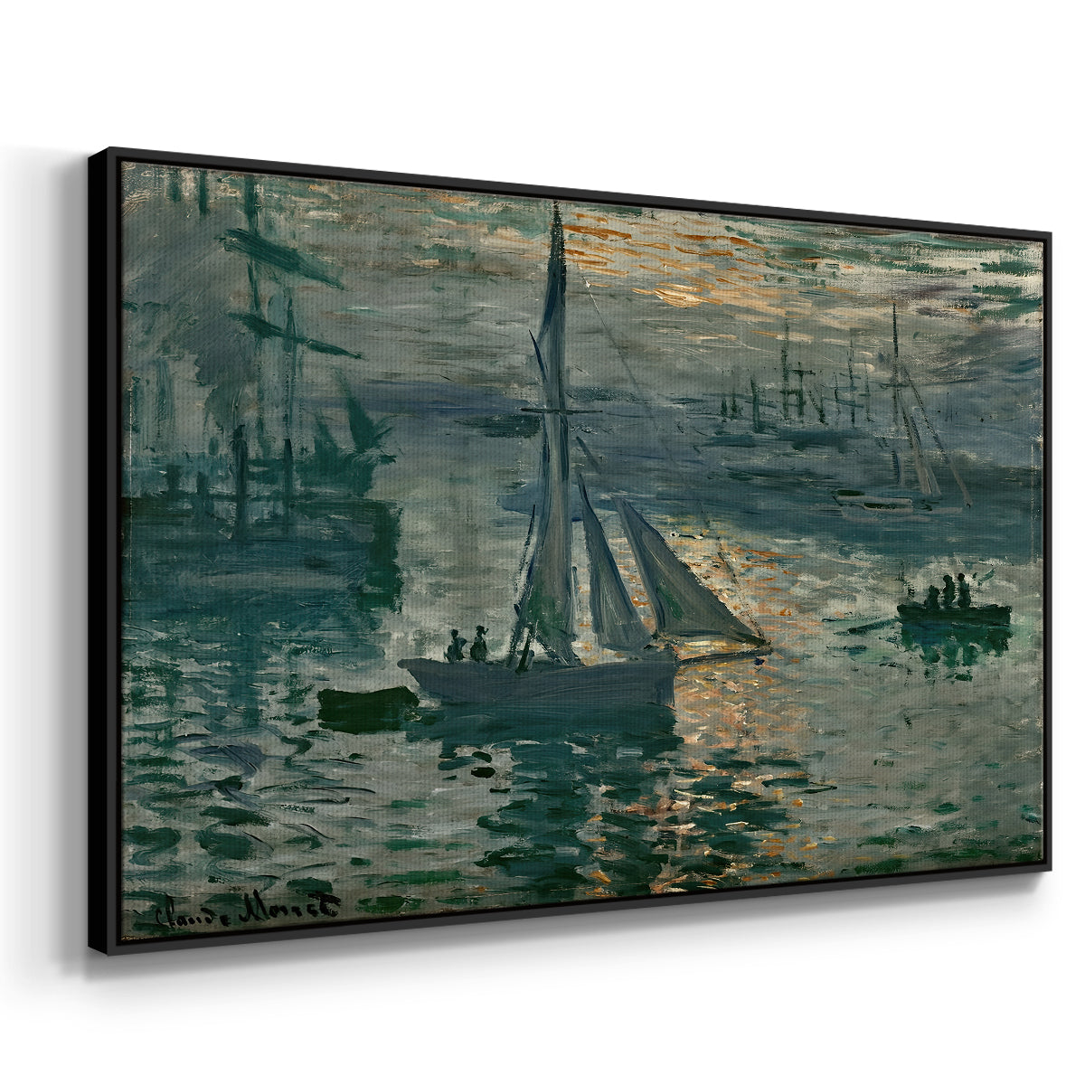 Angled view of Sunrise (Marine), 1873 by Claude Monet in a black floater framed canvas.