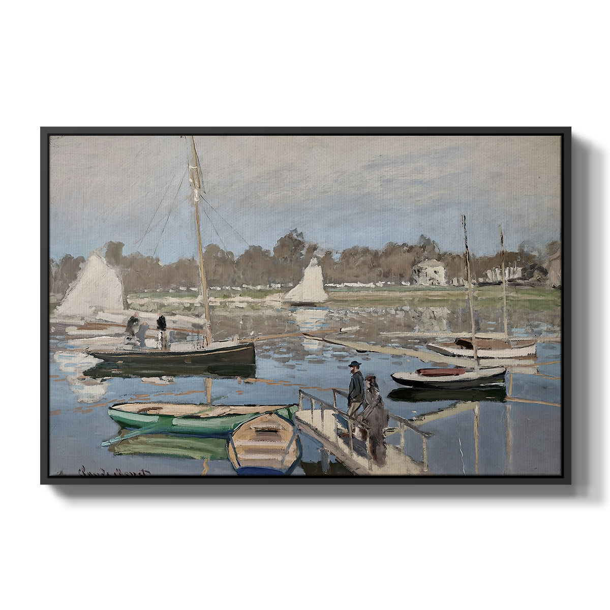 The Basin at Argenteuil, 1874 by Claude Monet in a black floater framed canvas wall art display.