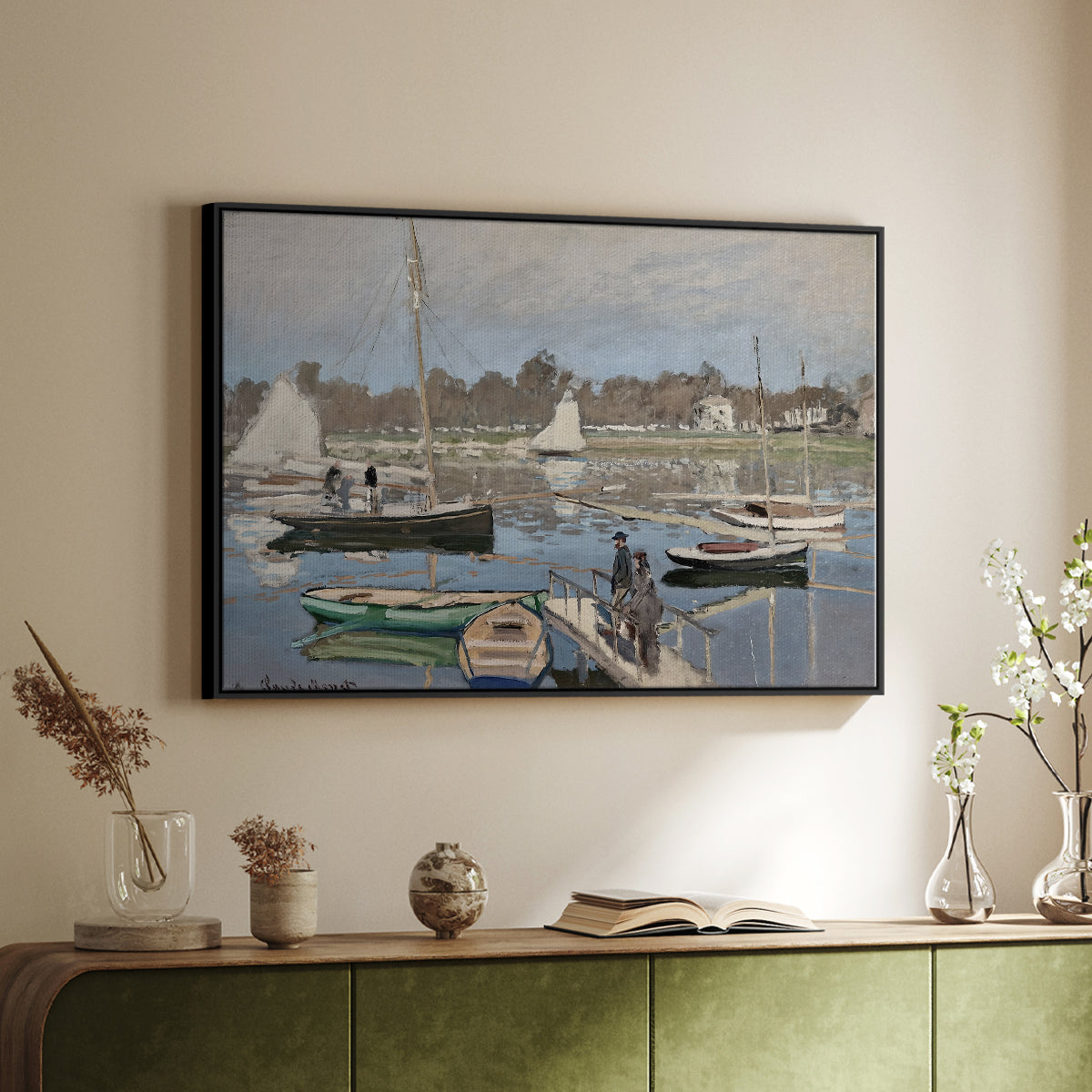 Black floater framed canvas of The Basin at Argenteuil, 1874 by Claude Monet, featuring an impressionist boating scene with clustered masts and gentle ripples above a sideboard in a softly lit hallway.