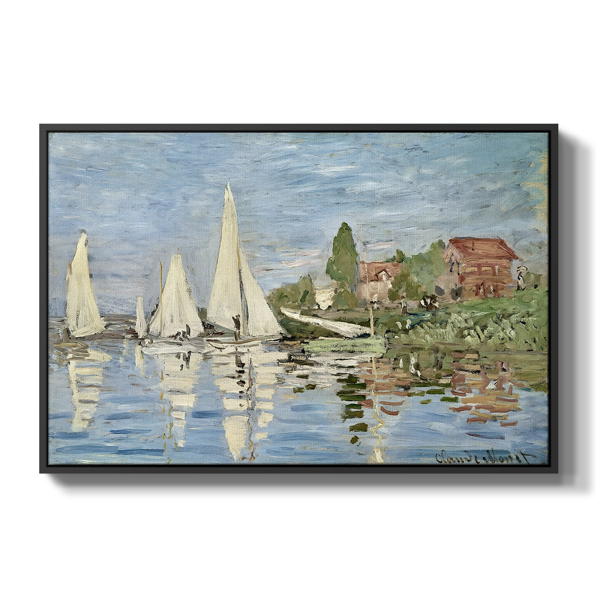 Regatta at Argenteuil, 1872 by Claude Monet in a black floater framed canvas wall art display.
