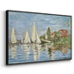 Angled view of Regatta at Argenteuil, 1872 by Claude Monet in a black floater framed canvas.