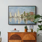 Regatta at Argenteuil, 1872 by Claude Monet in a black floater framed canvas featuring colorful sailboats racing across river under bright sky, displayed above a wood console cabinet.