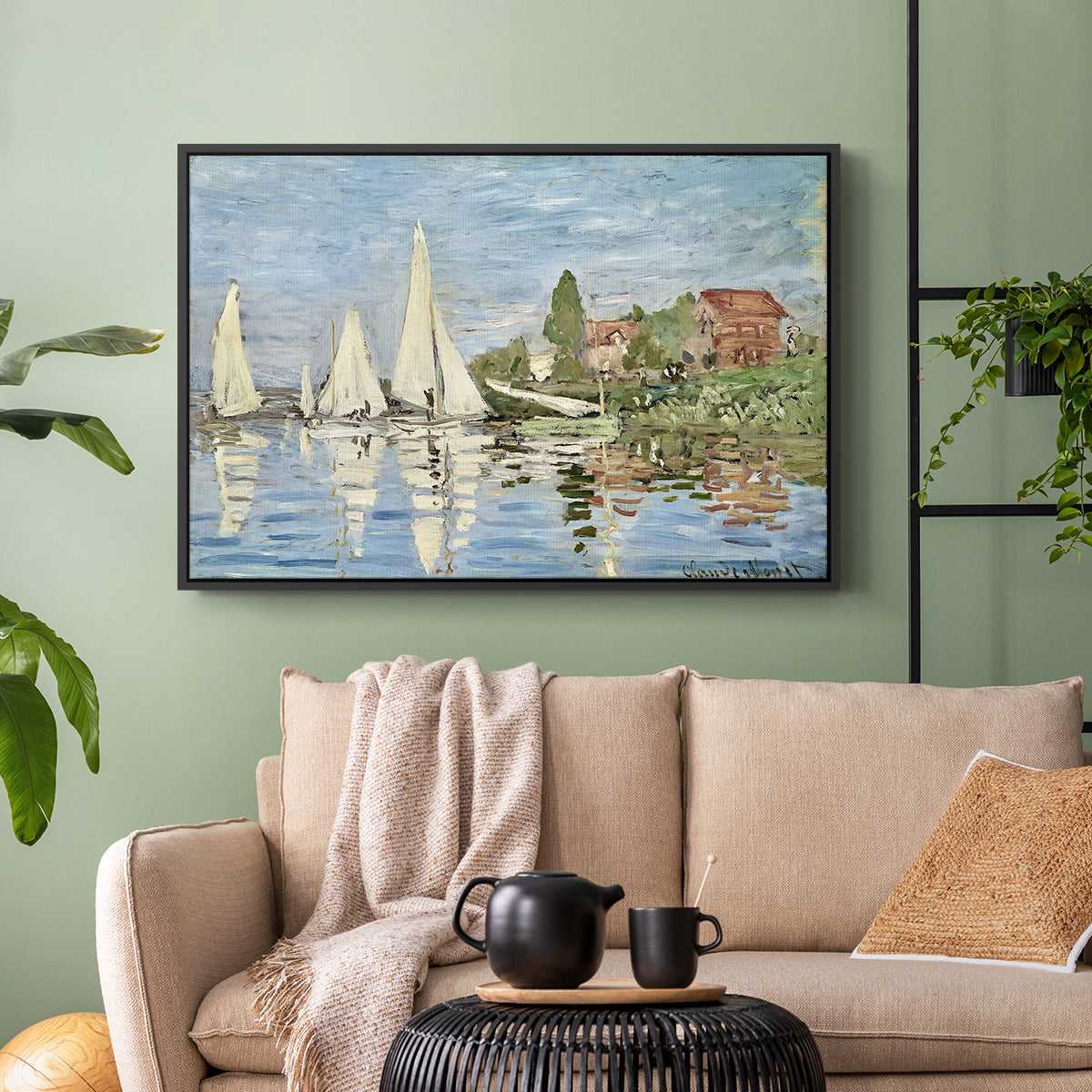 Black floater framed canvas featuring a dynamic nautical scene with boats moving across river, displayed above a sofa in a modern living room.