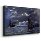 Angled view of A Seascape, Shipping by Moonlight, 1864 by Claude Monet in a black floater framed canvas.