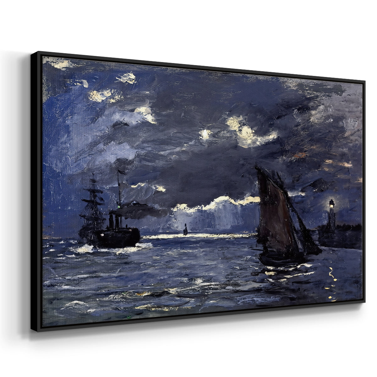 Angled view of A Seascape, Shipping by Moonlight, 1864 by Claude Monet in a black floater framed canvas.