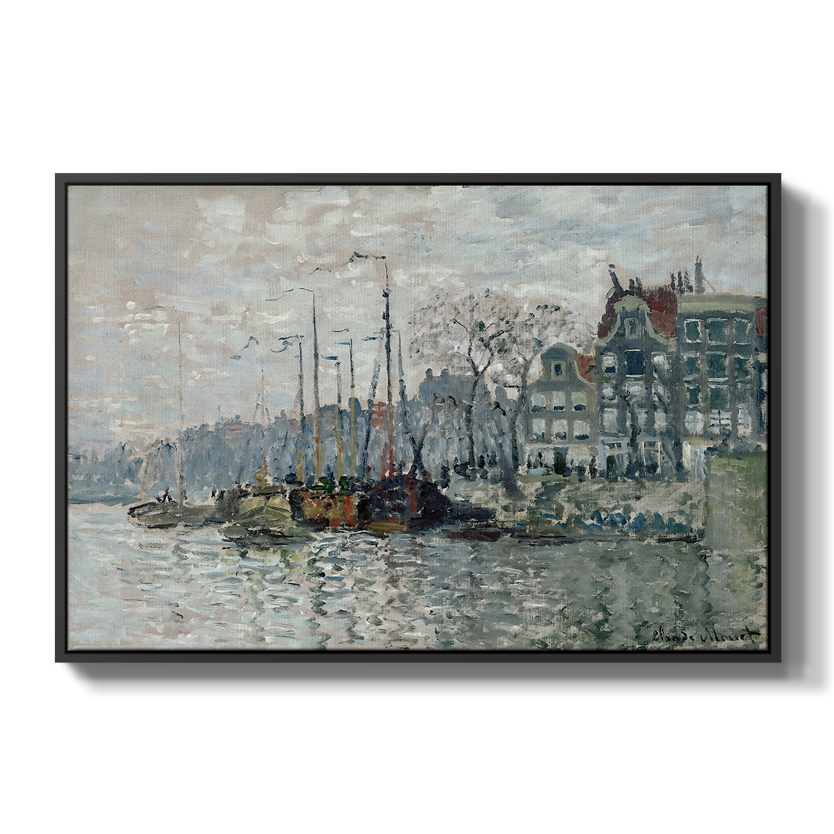 View of the Prins Hendrikkade and Kromme Waal in Amsterdam, 1874 by Claude Monet in a black floater framed canvas wall art display.