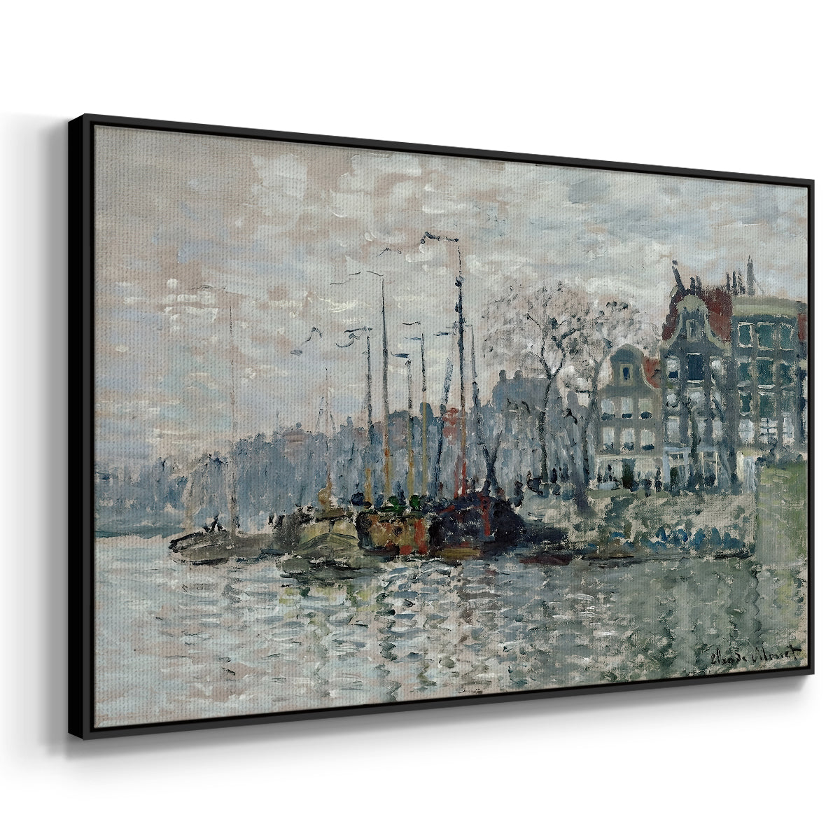 Angled view of View of the Prins Hendrikkade and Kromme Waal in Amsterdam, 1874 by Claude Monet in a black floater framed canvas.
