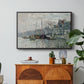 View of the Prins Hendrikkade and Kromme Waal in Amsterdam, 1874 by Claude Monet in a black floater framed canvas featuring a canal scene with boats and buildings lining waterfront in Amsterdam, displayed above a wood console cabinet.