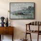 View of the Prins Hendrikkade and Kromme Waal in Amsterdam, 1874 by Claude Monet as a black floater framed canvas featuring an urban waterway with docked boats and European buildings, styled above a mid-century console in a contemporary living area.